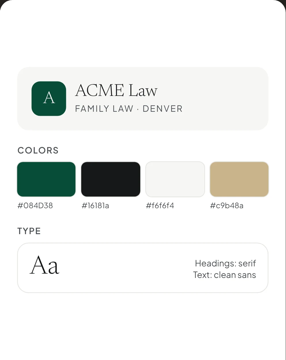Illustration: an example law firm brand with logo, colors and type