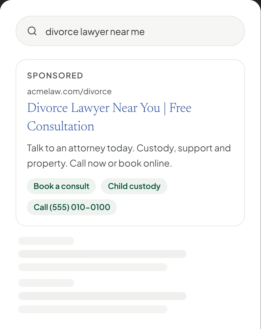 Illustration: a Google search ad for an example law firm at the top of the results