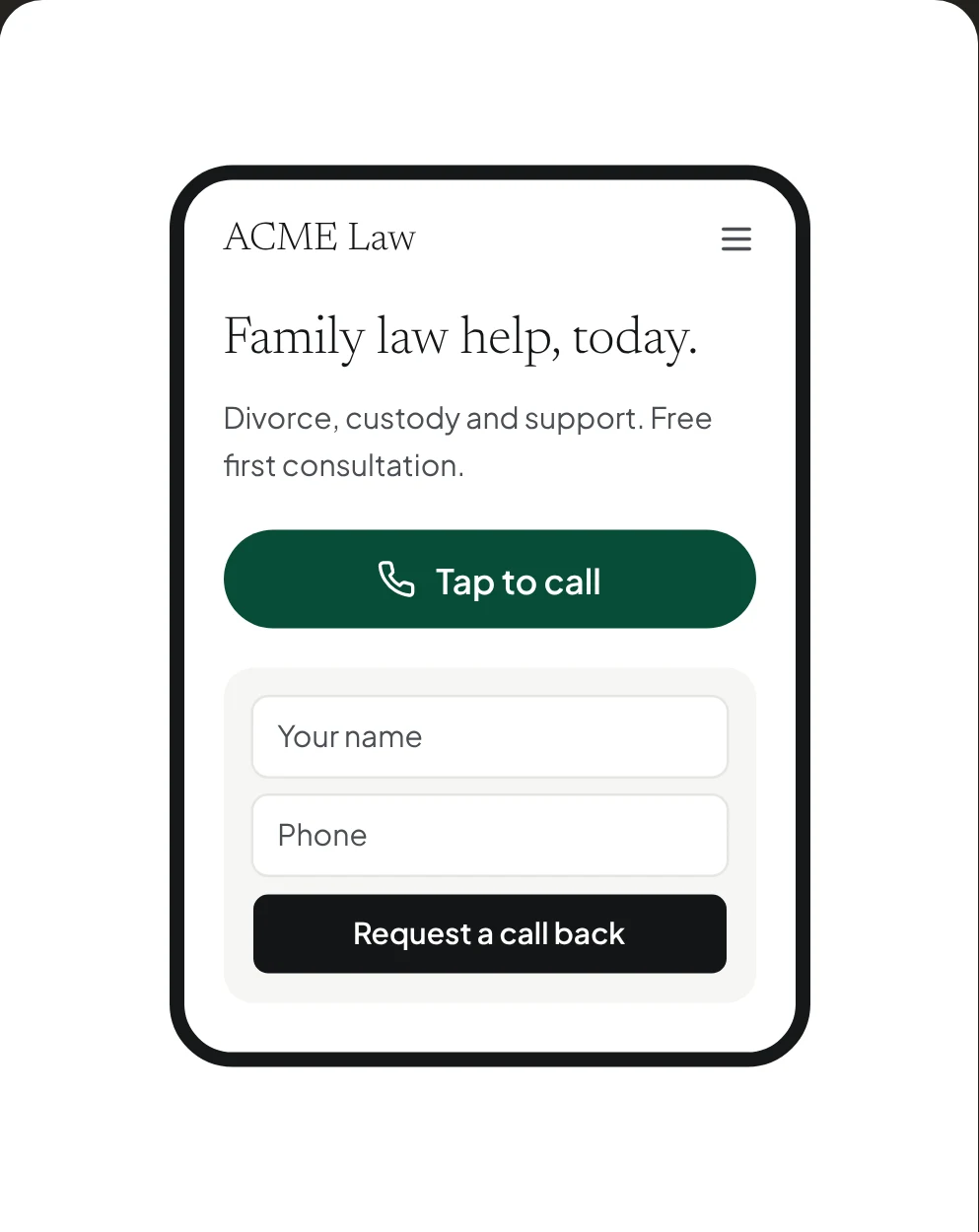 Illustration: an example law firm website on a phone, with tap-to-call and a short form