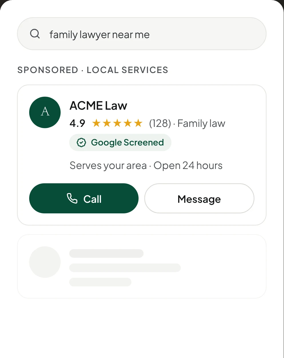 Illustration: a Local Services Ads result for an example law firm, with the Google Screened badge
