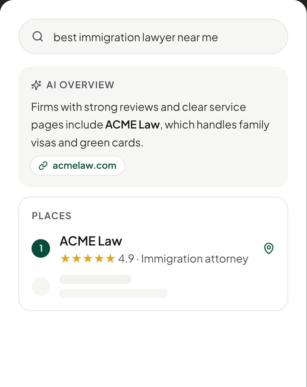 Illustration: an example law firm in the Google map results and cited in an AI answer